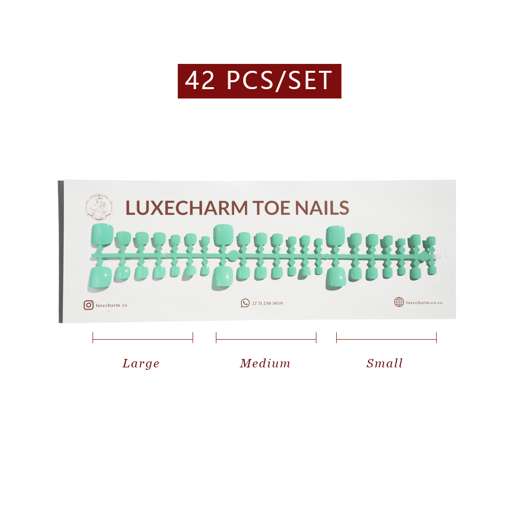 Packaging of LuxeCharm toenails with size labels on a white background. Mint press-on toenails 42 piece set — mint green pedicure