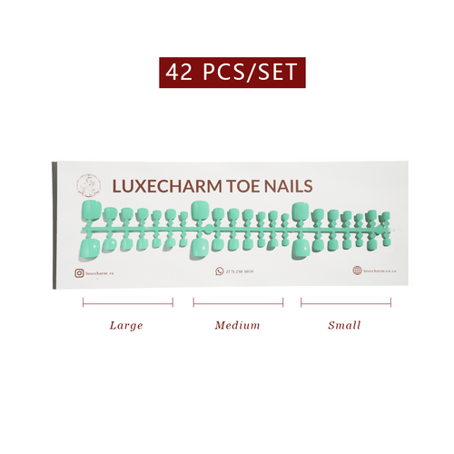 Packaging of LuxeCharm toenails with size labels on a white background. Mint press-on toenails 42 piece set — mint green pedicure