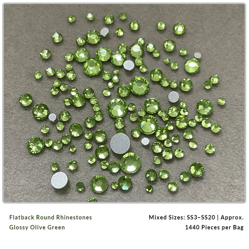Glossy olive green and crystal nail rhinestones for DIY nail art