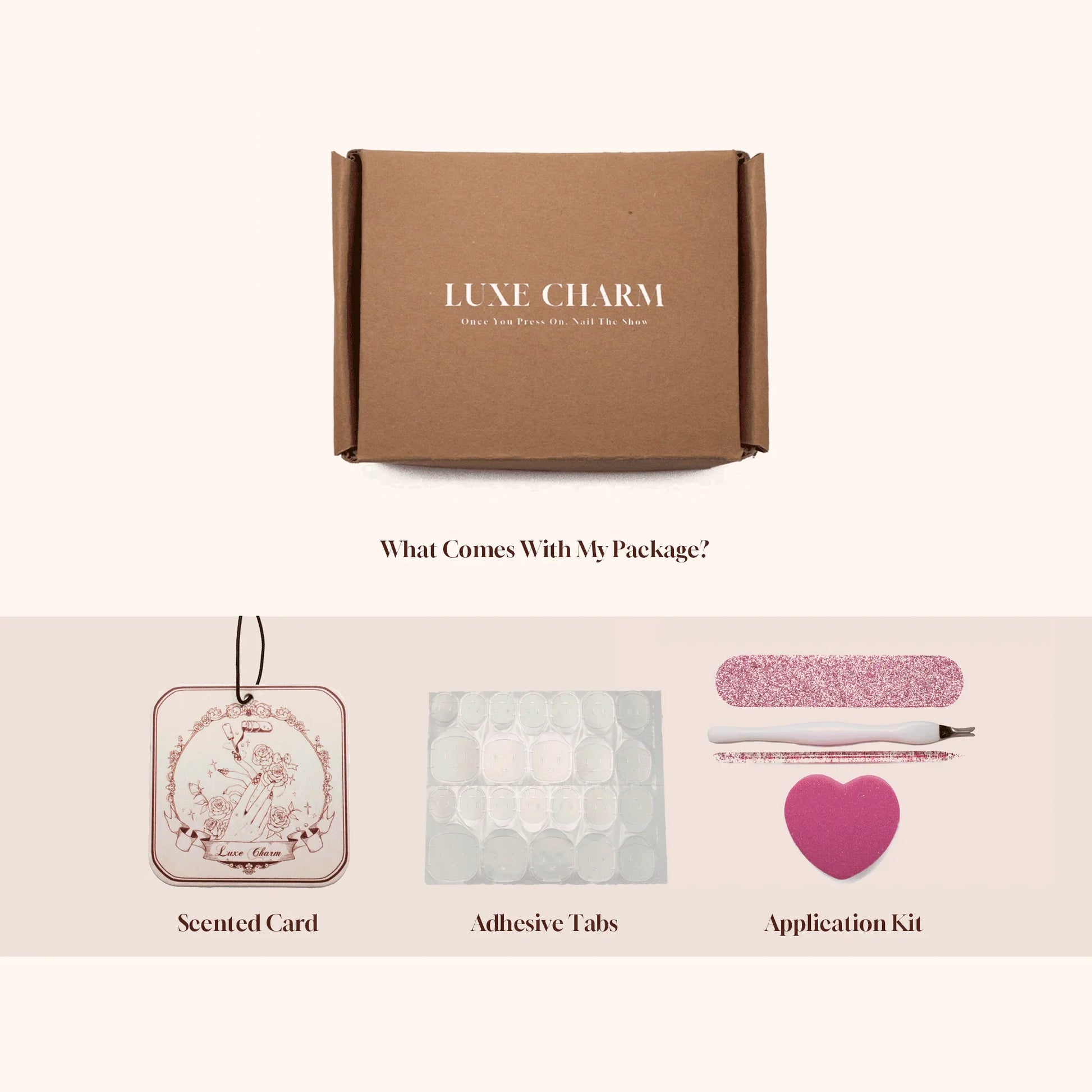 Nail Tools and what is included: Scented Card- Adhesive tabs-Application Kit