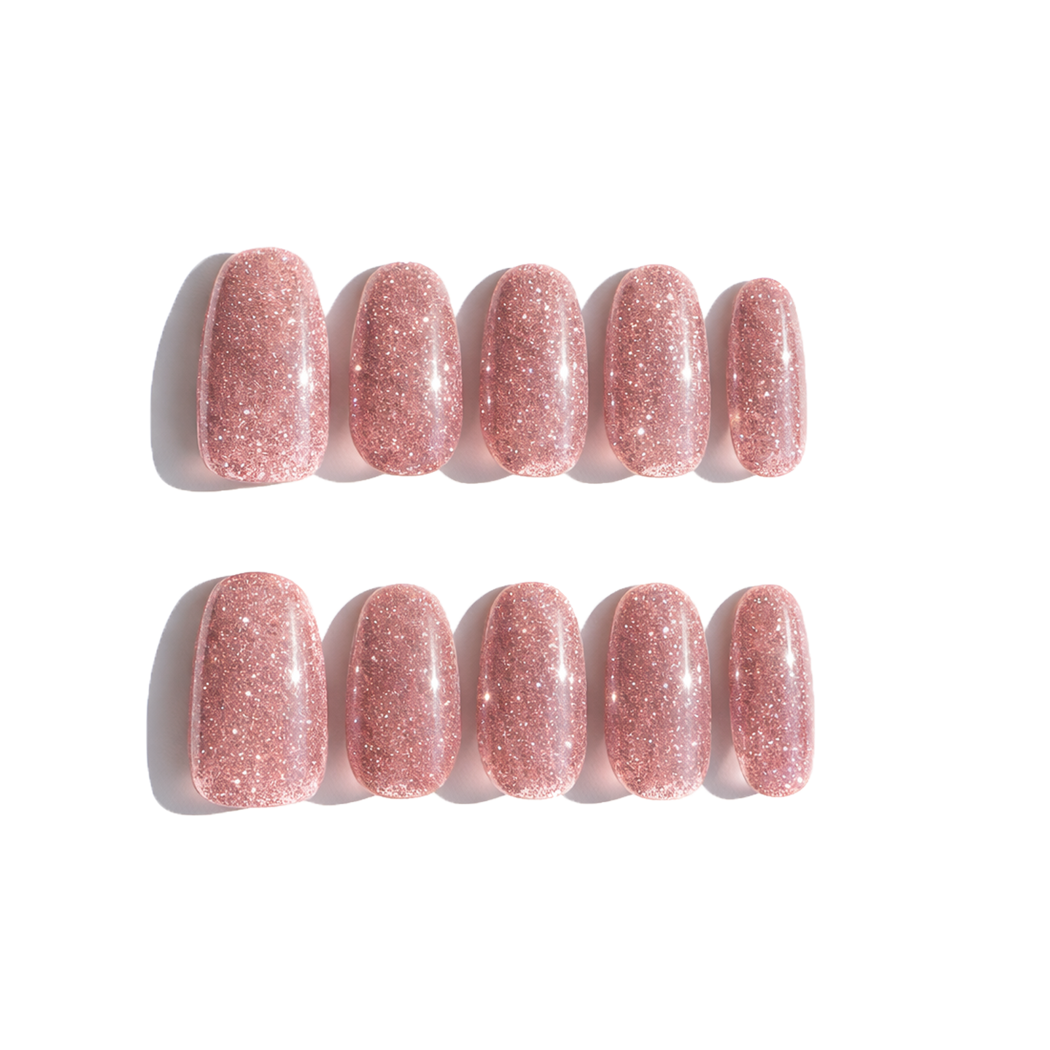 Set of ten pink glitter nails on a white background. LuxeCharm press on nails