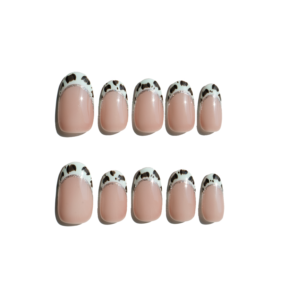 Set of ten LuxeCharm press on nails featuring pistachio green leopard print tips on a white background