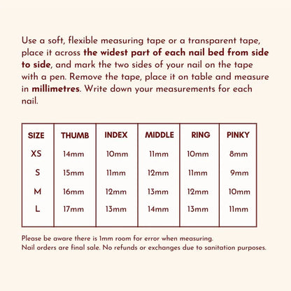 Detailed size chart- nail measurement- fit your perfect nail sizes for press on nails 