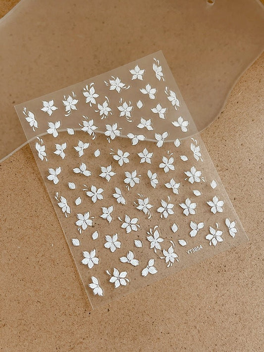 Pure white blossom and petals 3D floral nail stickers 