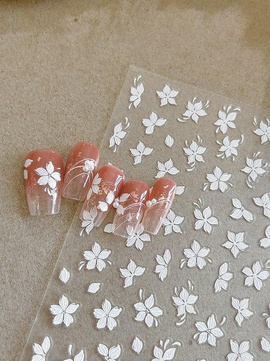 Pure white blossom and petals 3D floral nail stickers on press on nails