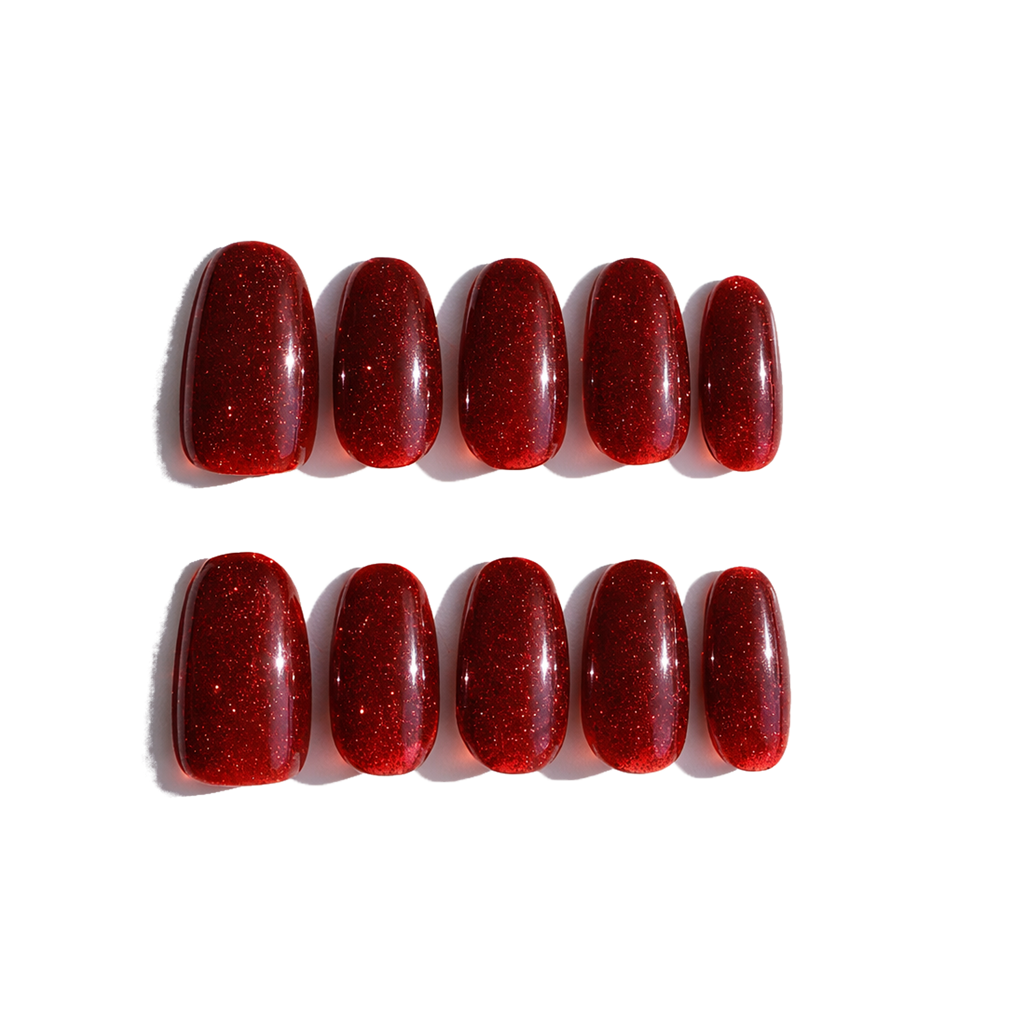 Ten red glitter nails with top coat.  Luxecharm press on nails