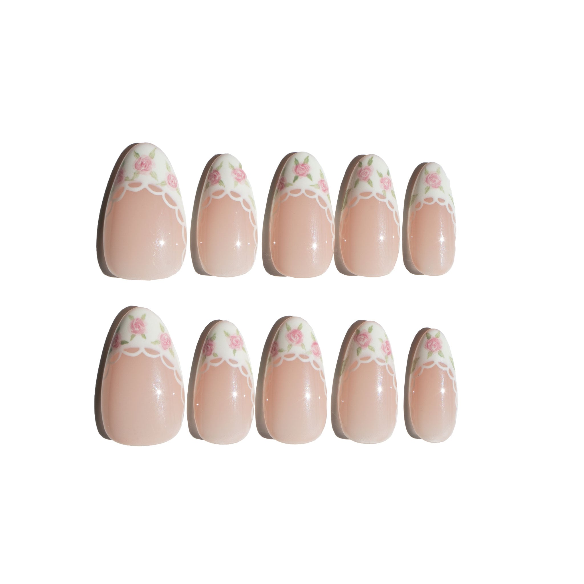 Set of coquette nail art designs with hand-painted pink floral patterns on a white background. LuxeCharm press on nails