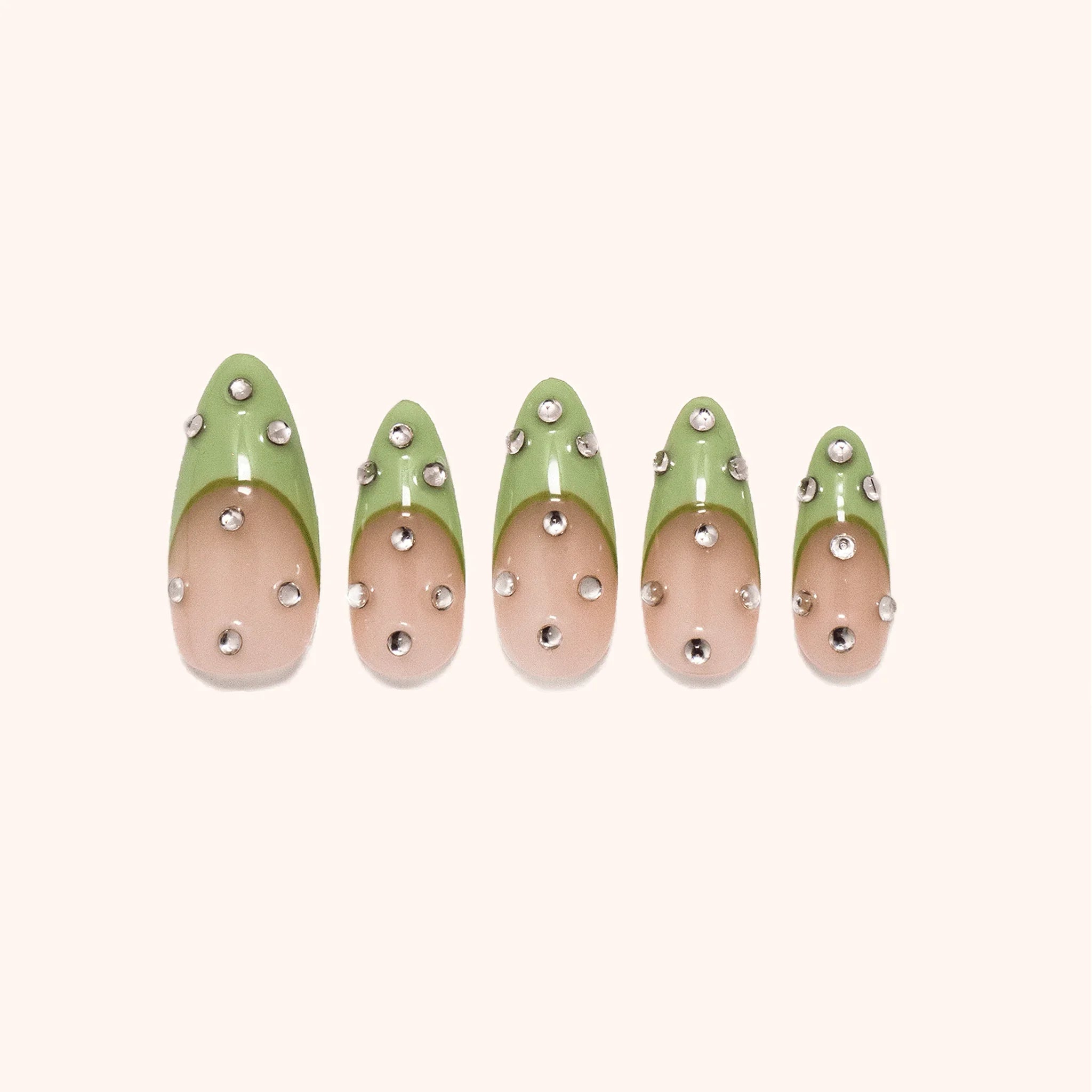 Gemstone avocado green nails. Press on nails. Product image. 5 press-ons.