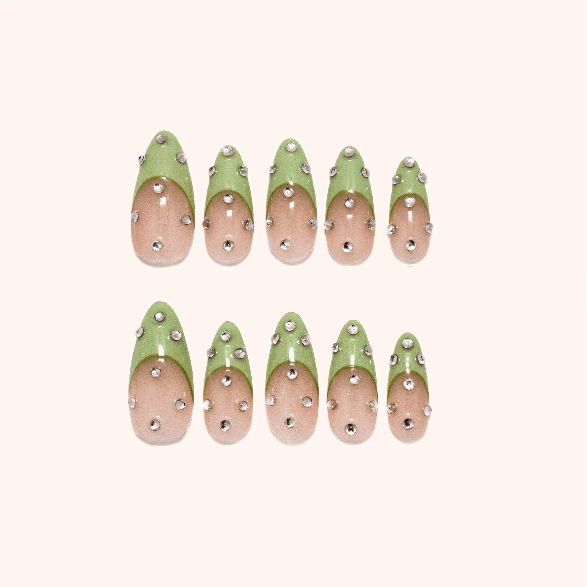 Gemstone avocado green nails. Press on nails. Product image. 10 press-ons.