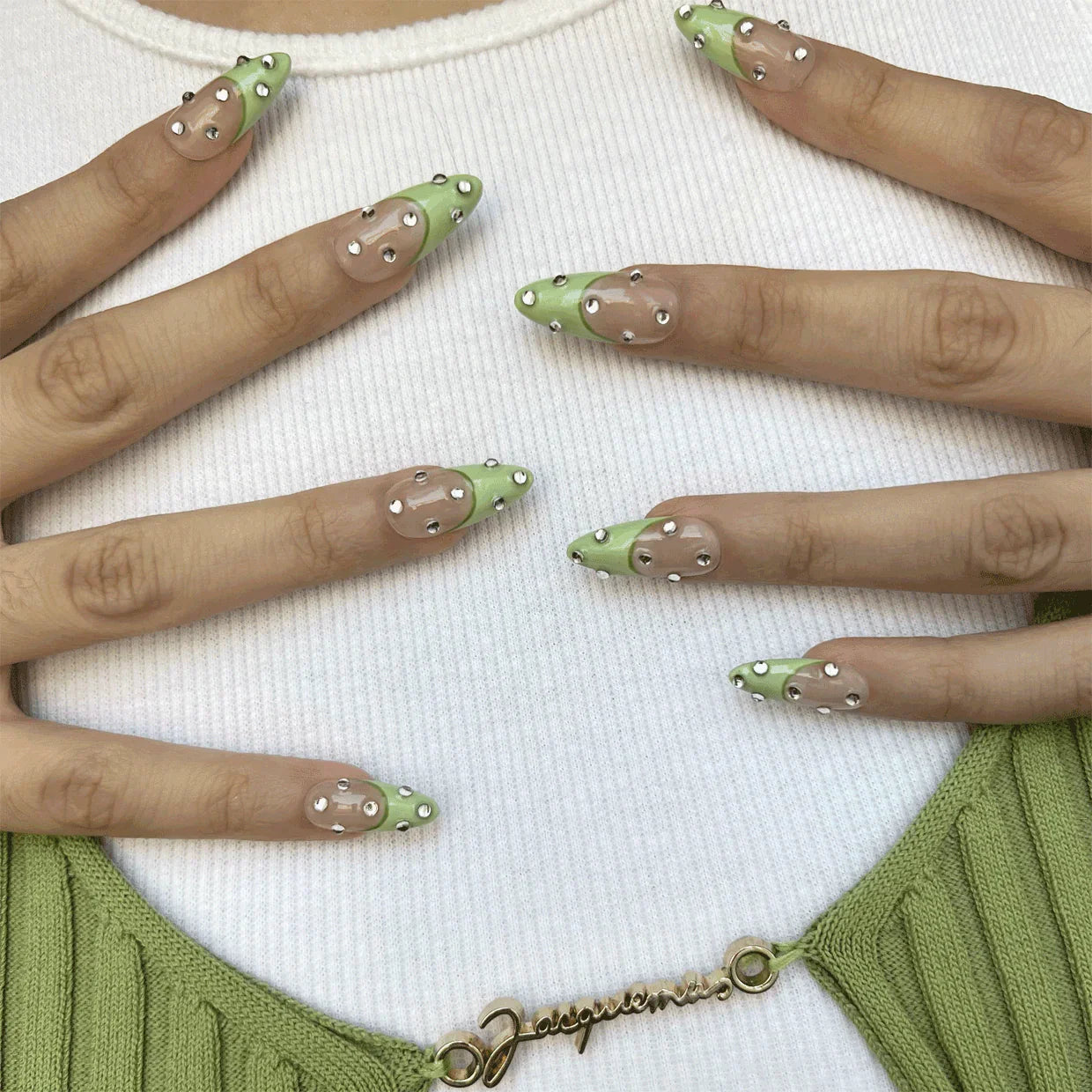 Gemstone avocado green nails. Press on nails. On-hand image. 8 press-ons.