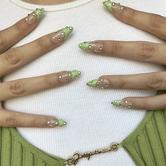 Gemstone avocado green nails. Press on nails. On-hand image. 8 press-ons.