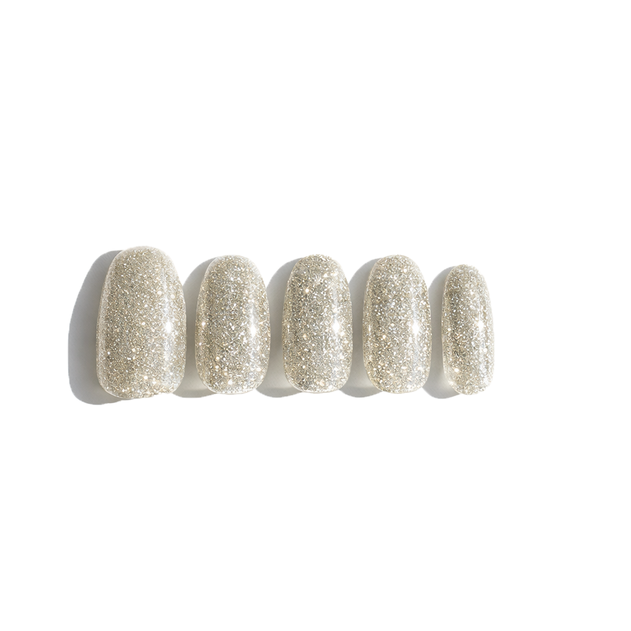 Five glittery silver nails on a white background. LuxeCharm press on nails.
