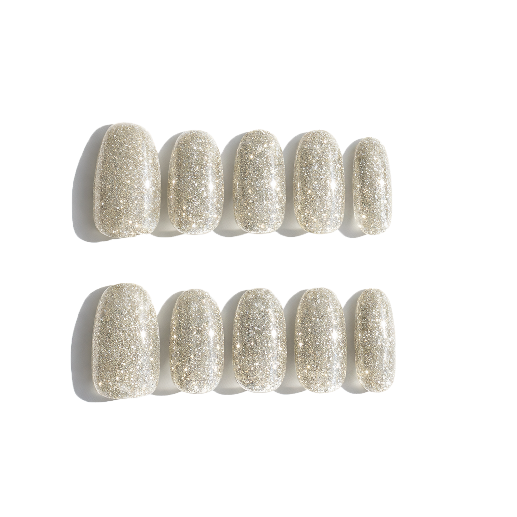 Ten glittery silver nails on a white background. LuxeCharm press on nails.