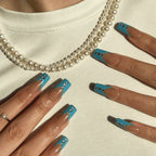 Sky blue gemstone French nails. Square nails. On-hand image. 8 press-ons. 