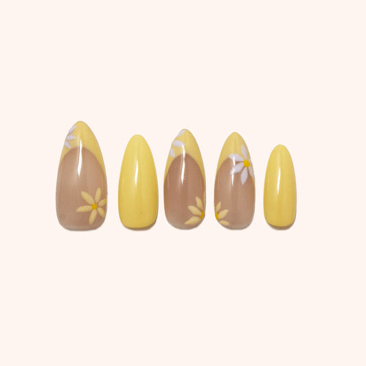 Yellow flower nails. Press on nails. Product image. 5 press-ons.