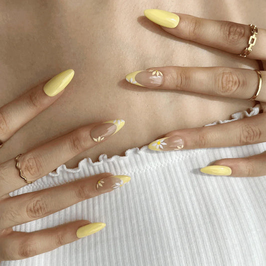 Yellow flower nails. Press on nails. On-hand image. 8 press-ons.