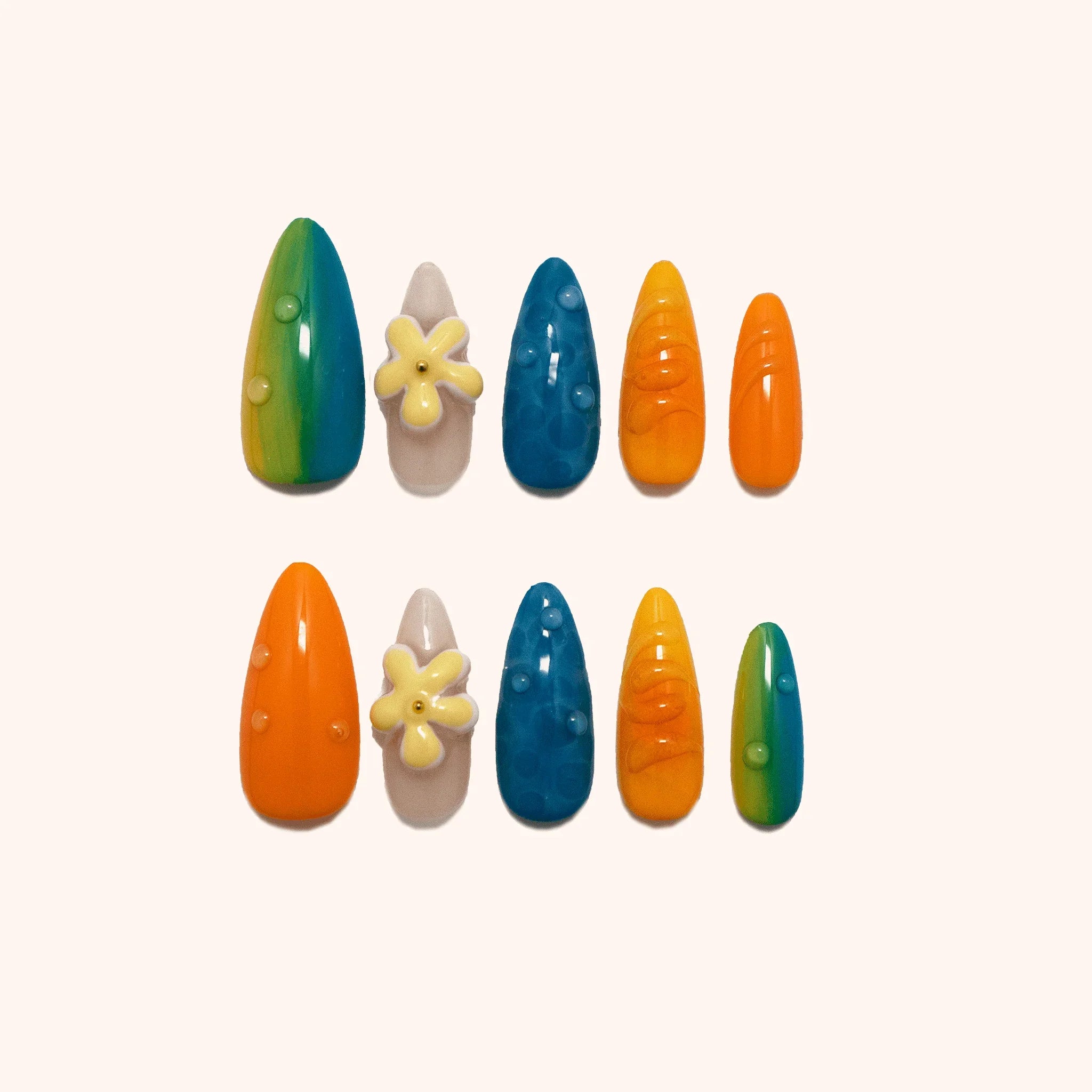 Trendy 3D nails with Starfish and waterdrop designs. Colorful press on nails. Product image. 10 press-ons.