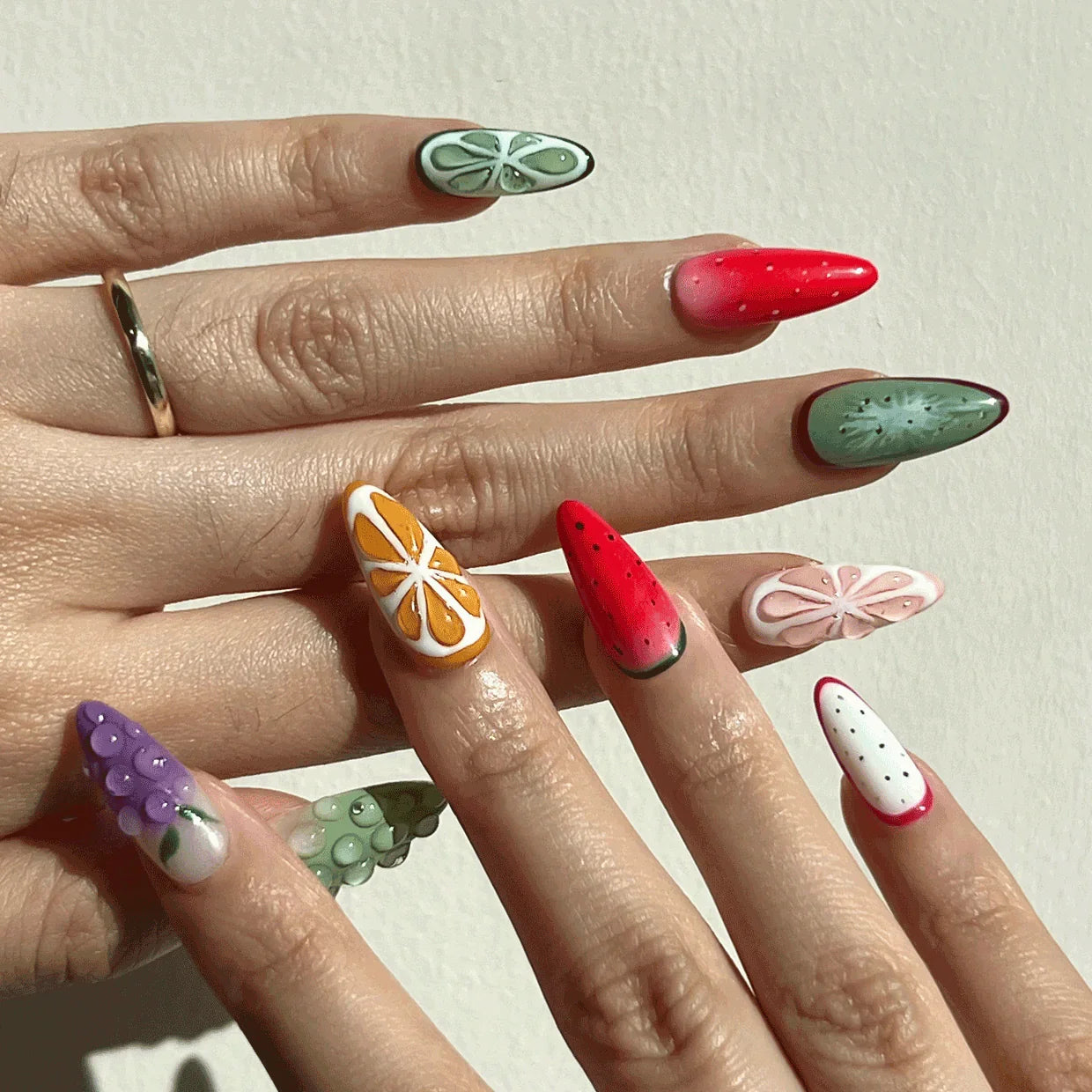 colorful fruit 3D nails - handmade press on nails - South Africa - almond nails - On hand image