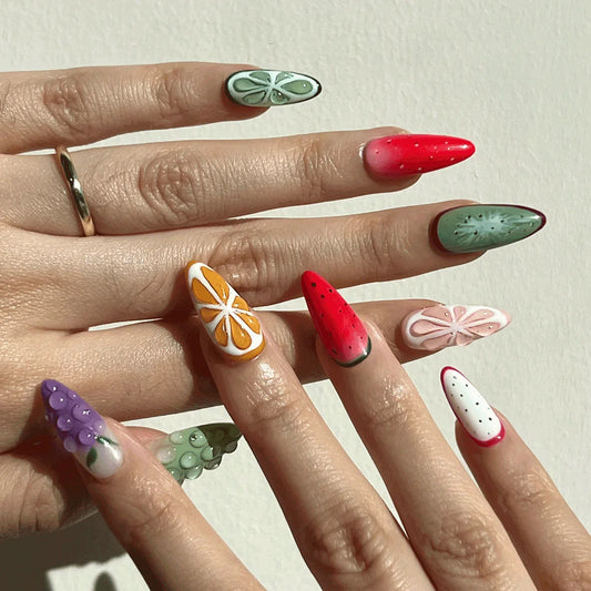 colorful fruit 3D nails - handmade press on nails - South Africa - almond nails - On hand image