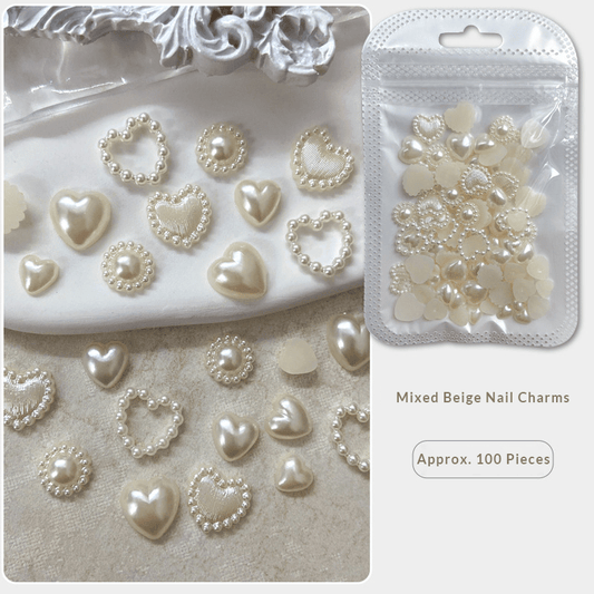 100 pcs mixed beige pearl heart nail charms, flat-back 3D resin nail charms for DIY nail art
