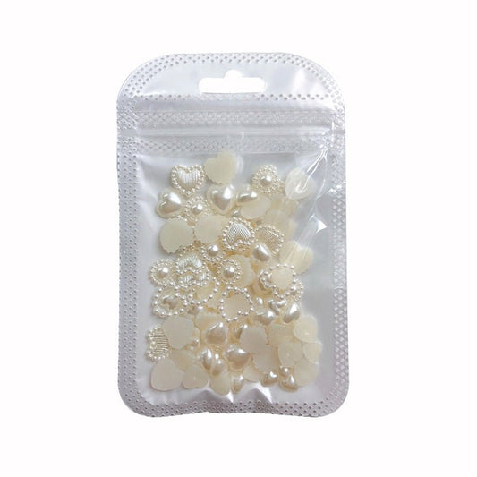100 pcs mixed beige pearl heart nail charms, flat-back 3D resin nail charms in the bag look 