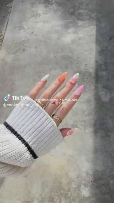 Customer review of LuxeCharm press on nails. On hand display. Lush Fresh LuxeCharm press on nails