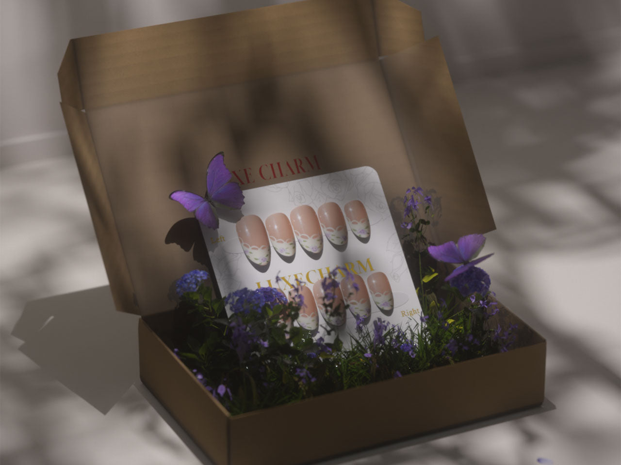 LuxeCharm Press-ons set in the box with buttefly and grass and flower around. C4D animation. LuxeCharm SS25 Petal Whisper Collection