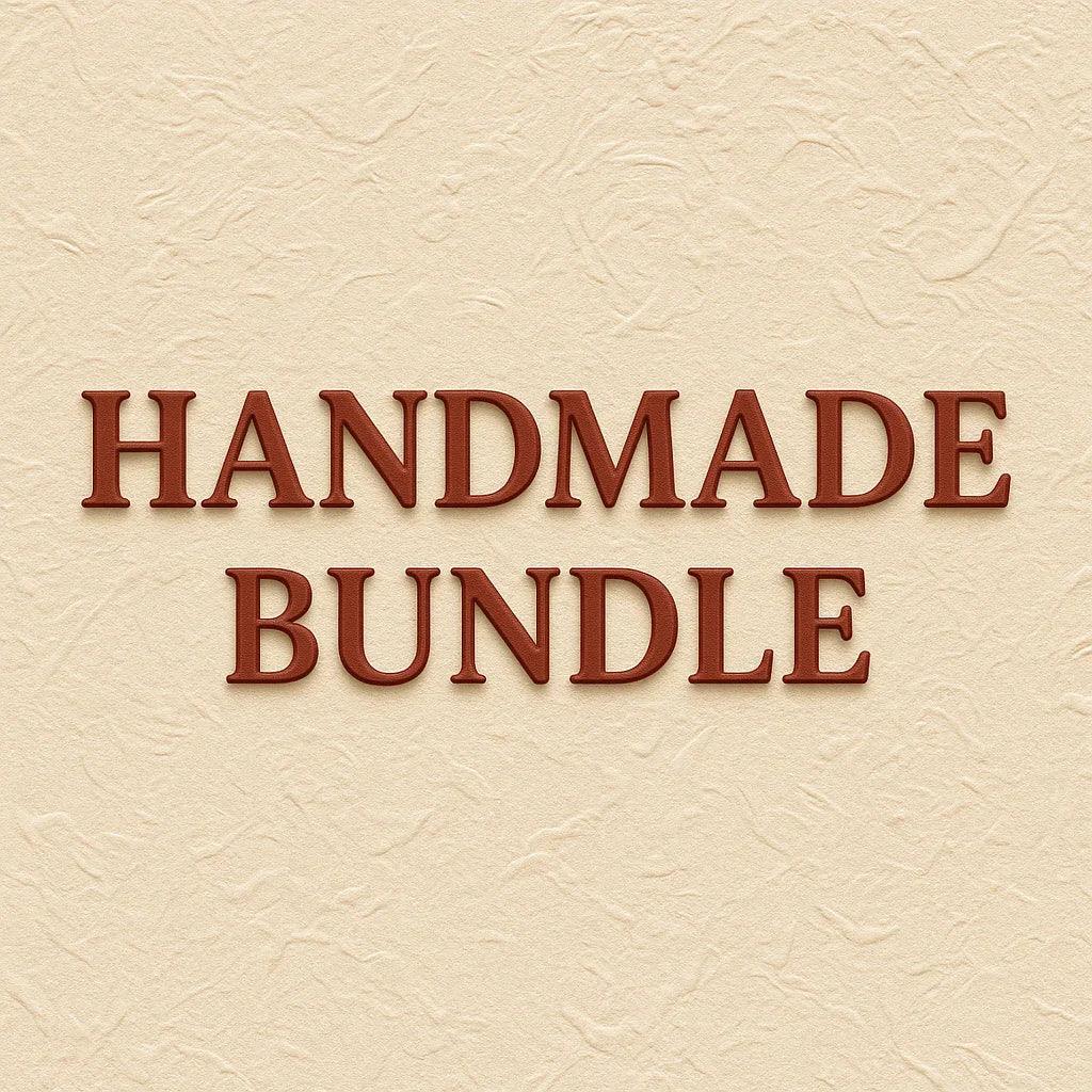 Text 'HANDMADE BUNDLE' on a beige textured background. LuxeCharm Handmade Bundle